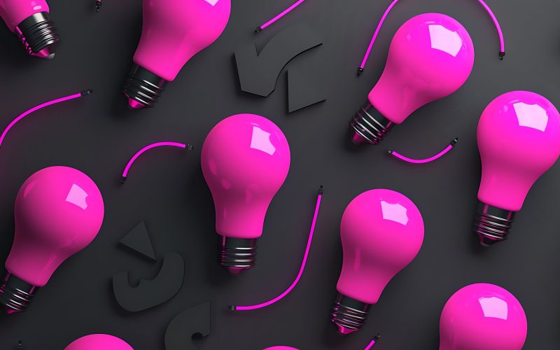 A minimalist composition featuring pink lightbulbs arranged on a black background. The image can be used for concepts related to ideas, creativity, and innovation. The abstract and geometric design makes it perfect for graphic design projects.